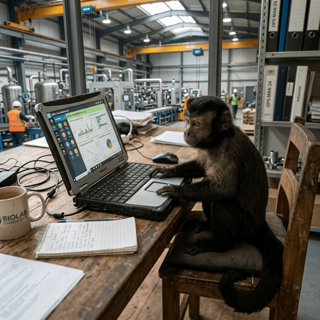 Capuchin monkey using a laptop at a forest research station